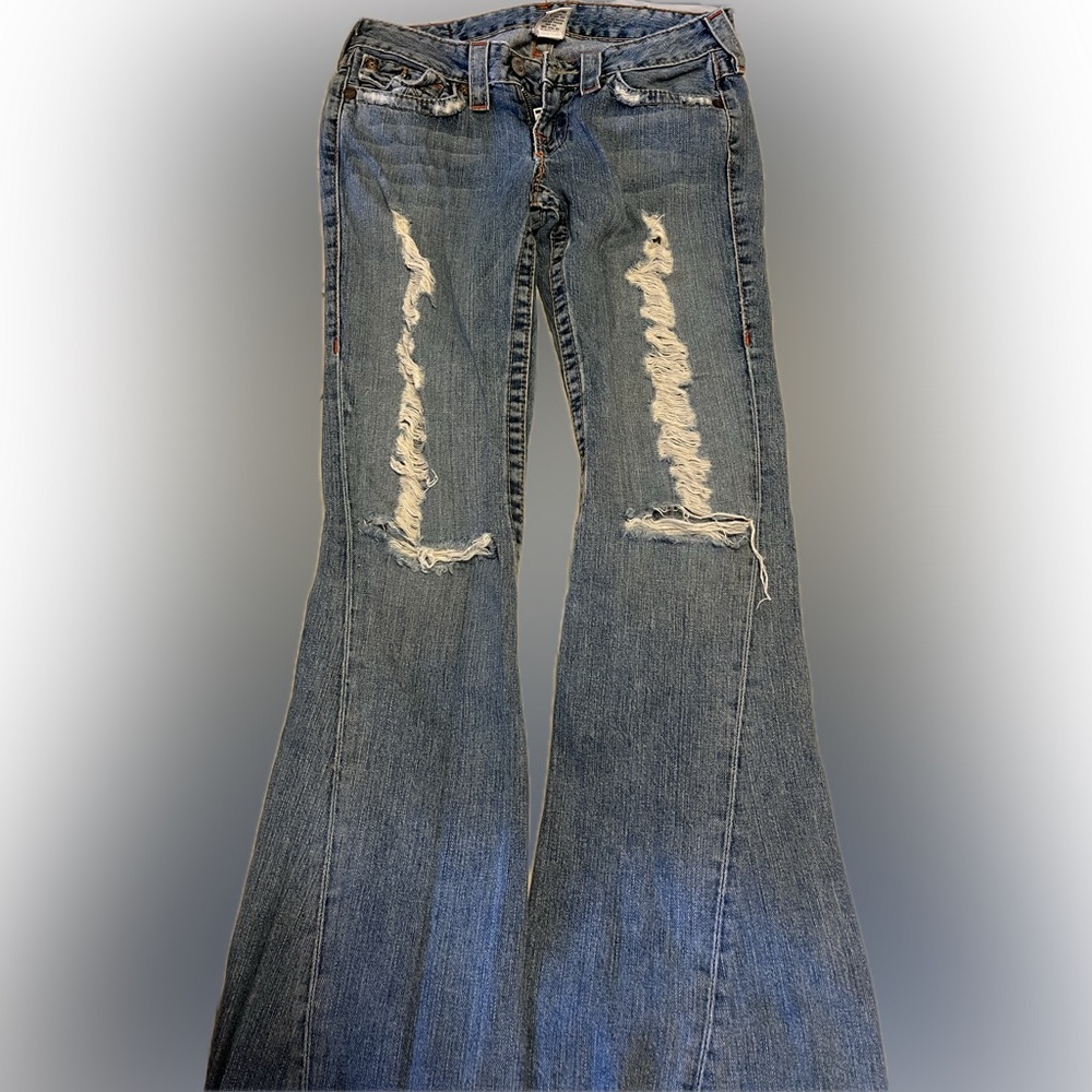 True Religion low rise Ripped Flare Jeans in Blue